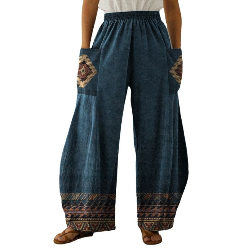 Wholesale Round Necked Polyester Western Style Loose Fitting Women's Pants